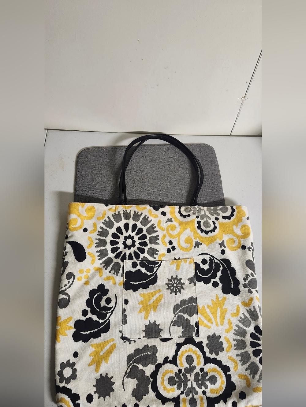 Pure Honey Yellow, Black & Gray Floral Reversible Canvas Tote Bag